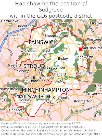 Map showing location of Sudgrove within GL6