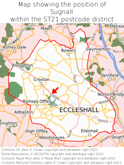 Map showing location of Sugnall within ST21