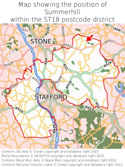 Map showing location of Summerhill within ST18