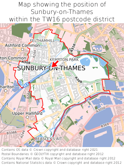Map showing location of Sunbury-on-Thames within TW16