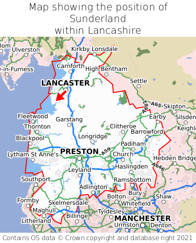 Map showing location of Sunderland within Lancashire
