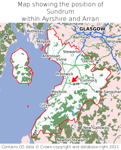 Map showing location of Sundrum within Ayrshire and Arran