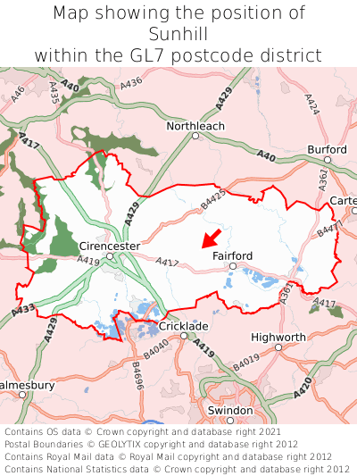 Map showing location of Sunhill within GL7