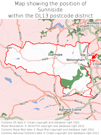 Map showing location of Sunniside within DL13