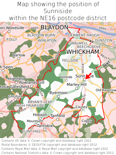 Map showing location of Sunniside within NE16