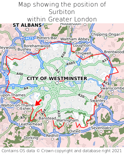 Map showing location of Surbiton within Greater London