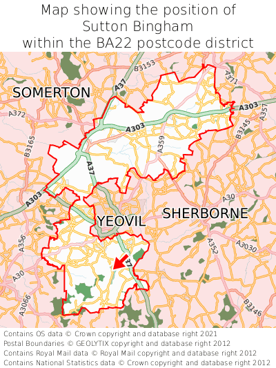 Map showing location of Sutton Bingham within BA22