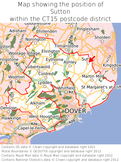 Map showing location of Sutton within CT15