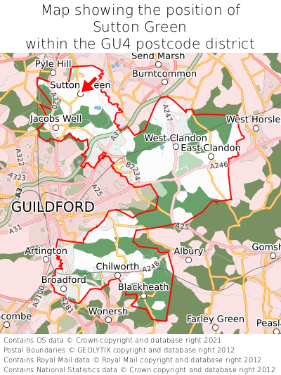 Map showing location of Sutton Green within GU4