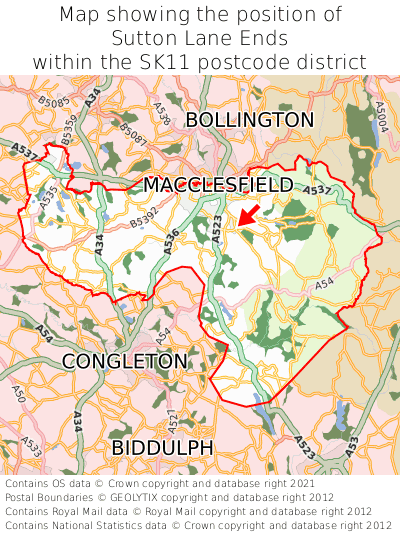 Map showing location of Sutton Lane Ends within SK11