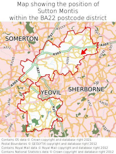 Map showing location of Sutton Montis within BA22