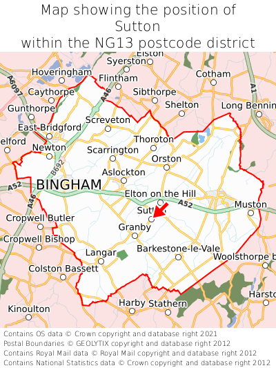 Map showing location of Sutton within NG13
