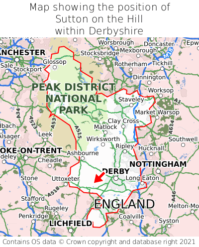 Map showing location of Sutton on the Hill within Derbyshire