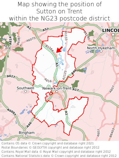 Map showing location of Sutton on Trent within NG23