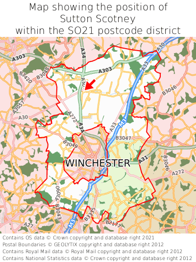 Map showing location of Sutton Scotney within SO21