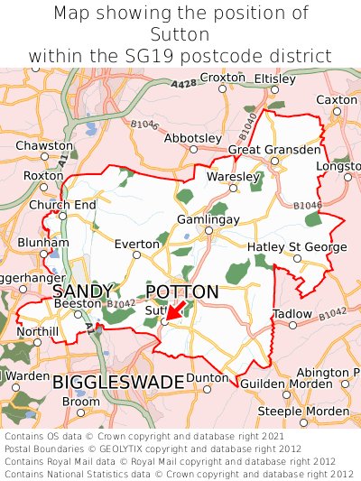 Map showing location of Sutton within SG19
