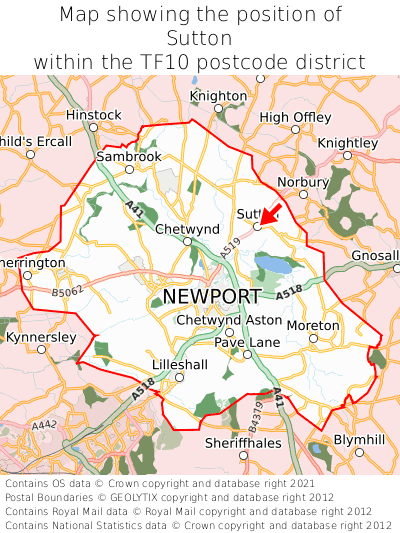 Map showing location of Sutton within TF10