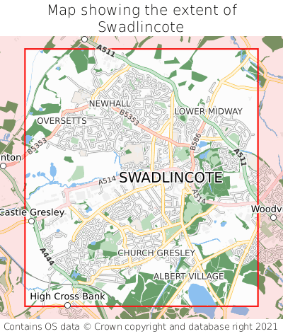 Map showing extent of Swadlincote as bounding box