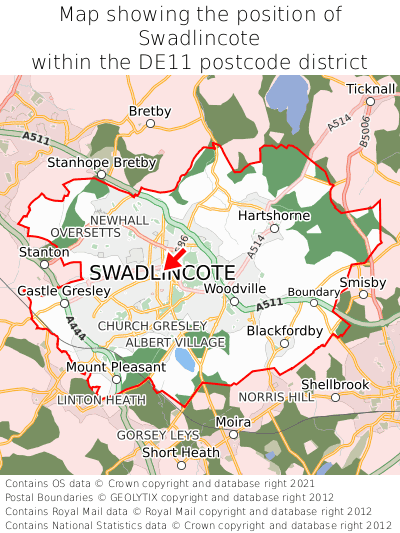 Map showing location of Swadlincote within DE11