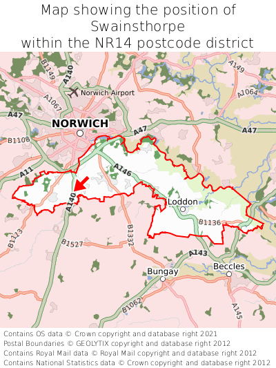 Map showing location of Swainsthorpe within NR14