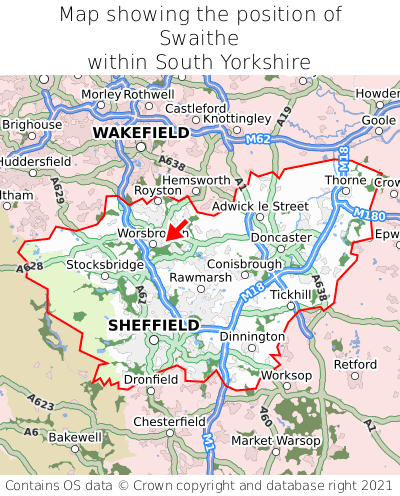 Map showing location of Swaithe within South Yorkshire