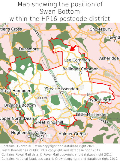 Map showing location of Swan Bottom within HP16