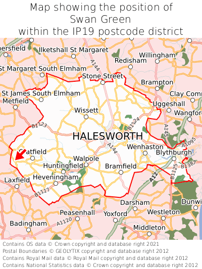 Map showing location of Swan Green within IP19