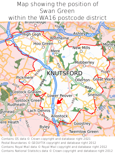 Map showing location of Swan Green within WA16