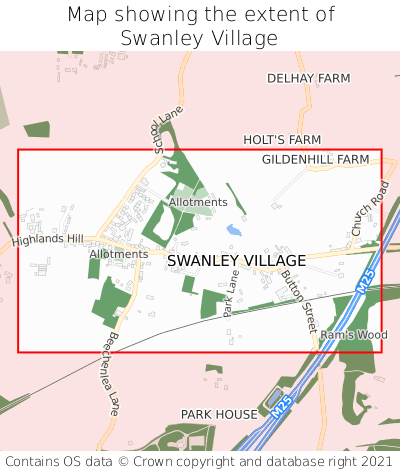 Map showing extent of Swanley Village as bounding box