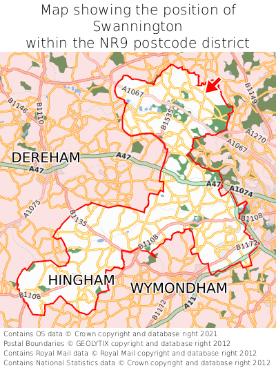 Map showing location of Swannington within NR9
