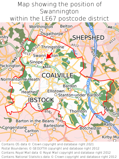 Map showing location of Swannington within LE67