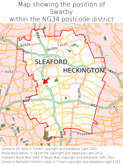 Map showing location of Swarby within NG34