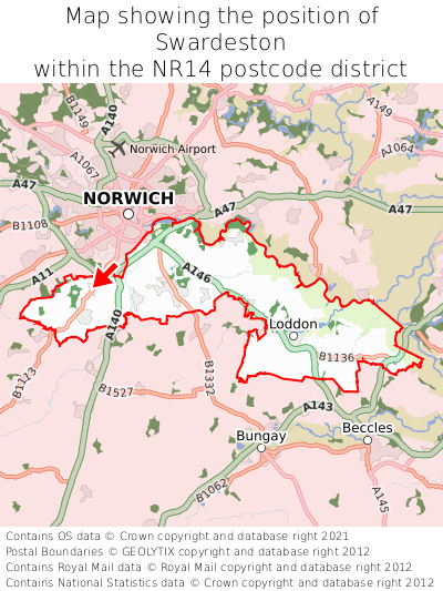 Map showing location of Swardeston within NR14