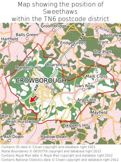 Map showing location of Sweethaws within TN6