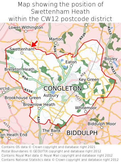 Map showing location of Swettenham Heath within CW12