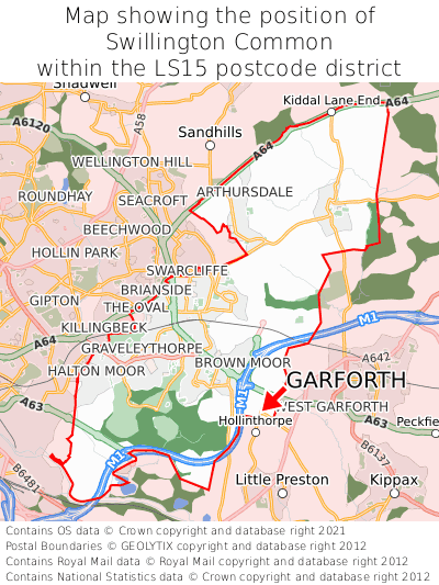 Map showing location of Swillington Common within LS15