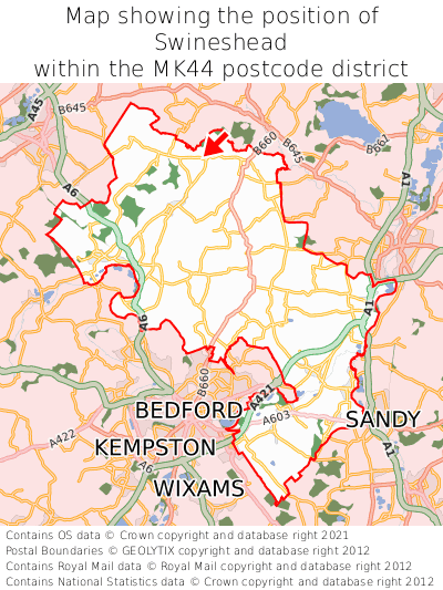 Map showing location of Swineshead within MK44