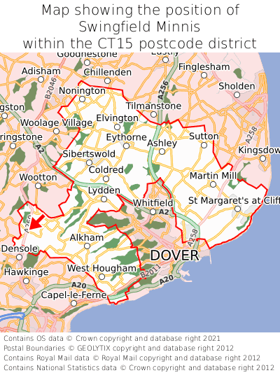 Map showing location of Swingfield Minnis within CT15