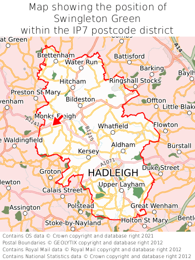 Map showing location of Swingleton Green within IP7