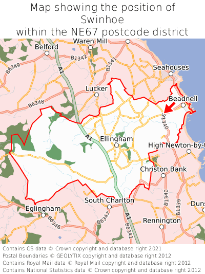 Map showing location of Swinhoe within NE67
