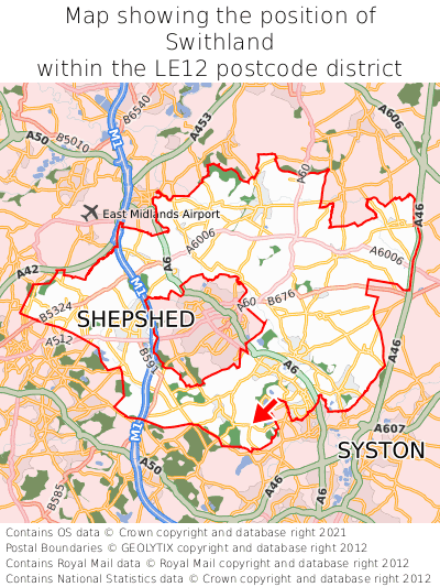 Map showing location of Swithland within LE12
