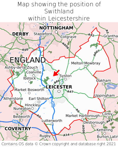 Map showing location of Swithland within Leicestershire