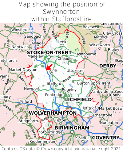 Map showing location of Swynnerton within Staffordshire