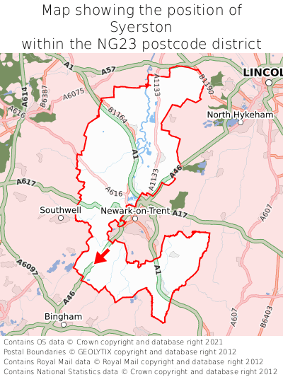 Map showing location of Syerston within NG23