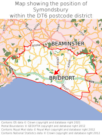 Map showing location of Symondsbury within DT6