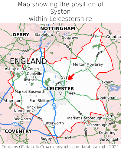 Map showing location of Syston within Leicestershire