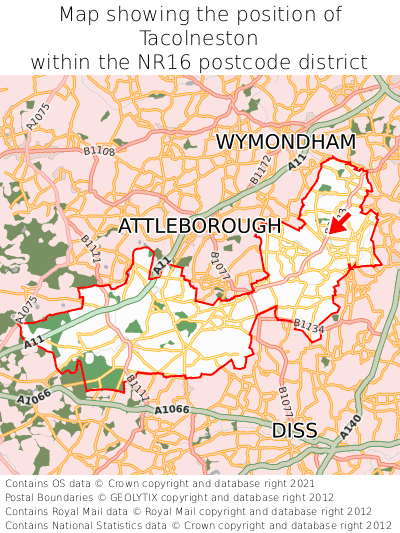 Map showing location of Tacolneston within NR16