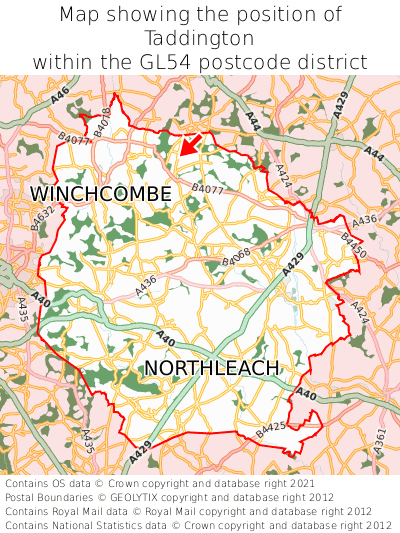 Map showing location of Taddington within GL54