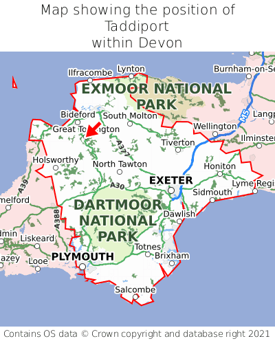 Map showing location of Taddiport within Devon