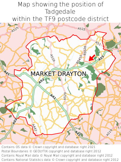 Map showing location of Tadgedale within TF9